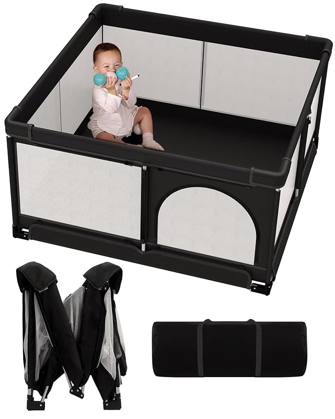 Foldable Baby Playpen, 51"x51" Indoor & Outdoor Play Yard with Single-Joint Frame, Breathable Mesh, Non-Slip Base, Portable Playpen for Toddlers and Infants (Black)