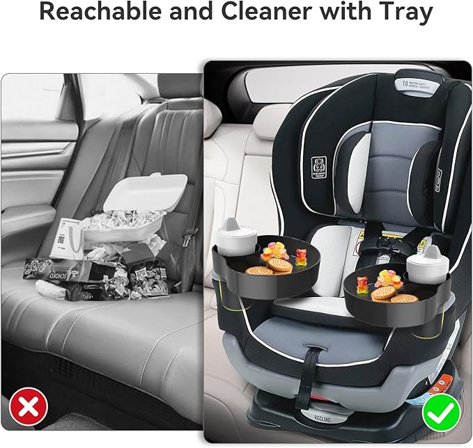 [2 Pack] Car Seat Cup Holder Snack Tray Black, Toddler Travel & Road Trip Essentials Accessory for Mess-Free Snacking in The Car,Travel Tray for Kids Car Seat