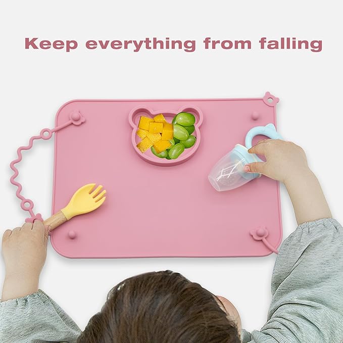 2 Pack Baby Silicone Mat with Suction Base and 4 Stretchable Straps, 6 Strong Suction Cups, Baby Placemats, Activity Mat for Infants to Toddlers, Keeps Babies Essentials Off The Floor Purple Pink