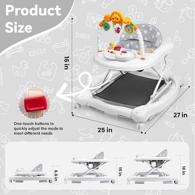 Baby Walker, 5 in 1 Baby Walkers for Boys Girls 6-12 Months, Foldable Walkers for Babies with Bouncer & Feeding Tray, Music, Adjustable Heights, Activity Walker for Infant
