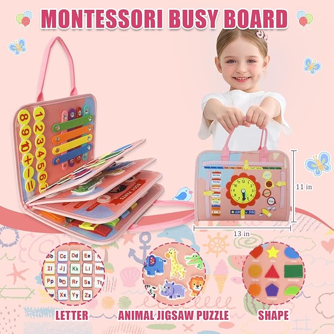 Busy Board Montessori Toys Sensory Toys for Kids Autism Educational Travel Toy Gift for Boys and Girls Learning Alphabet Counting Fine Motor Skills Preschool Activities