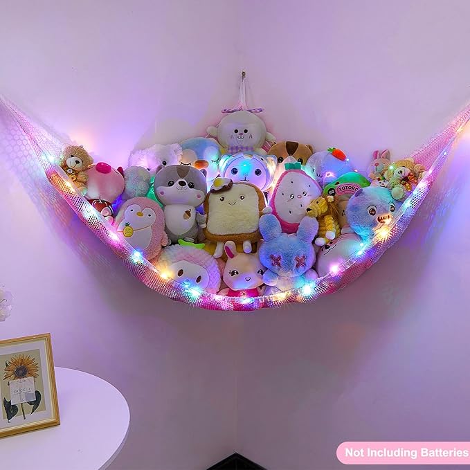 Unicorn Castle Stuffed Animals Net or Hammock Kids Toy Storage Organizer with LED Light Hanging Corner Stuffed Animals Holder Kids Girls Room Decor (Pack of 1)