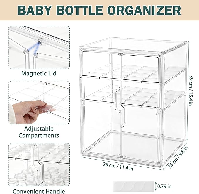 Baby Bottle Organizer, 3-Tier Bottle Storage for Countertop with Double Magnetic Doors, Clear Plastic Bottle Station Organizer with 2 Adjustable Dividers for Kitchen, Bathroom, Cabinet, Vanity