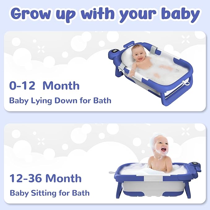 Collapsible Baby Bathtub for Newborn,Baby Tub with Soft Floating Cushion & Thermometer for Infant to Toddler,Portable Travel Bathtub with No-Slip Feet for 0-36 Months-Blue