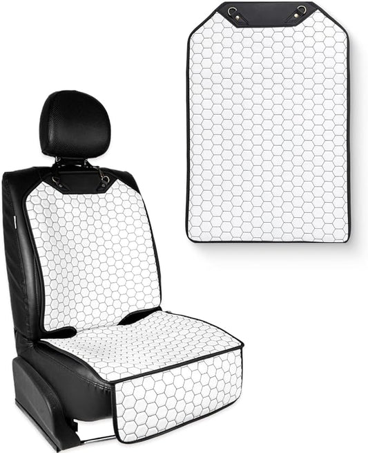 Owleys Car Accessories - White Seat Protector & Kick Mat Set Eco-Leather Guard 45"x18.5" + Waterproof Back Shield 27.5"x18.5" Road Trip Essential for Families with Kids Premium Light Interior Upgrade