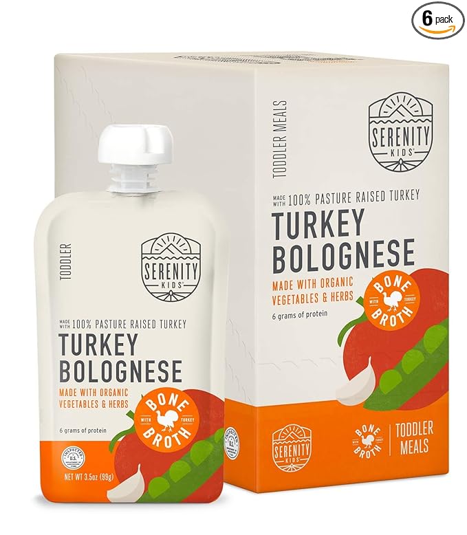 Serenity Kids Toddler Food Pouch Bone Broth Puree with Turkey Bolognese & Organic Veggies - BPA-Free & Protein-Rich Baby Food Pouches Clean Label Project Certified - 3.5 Oz, 6 Pack