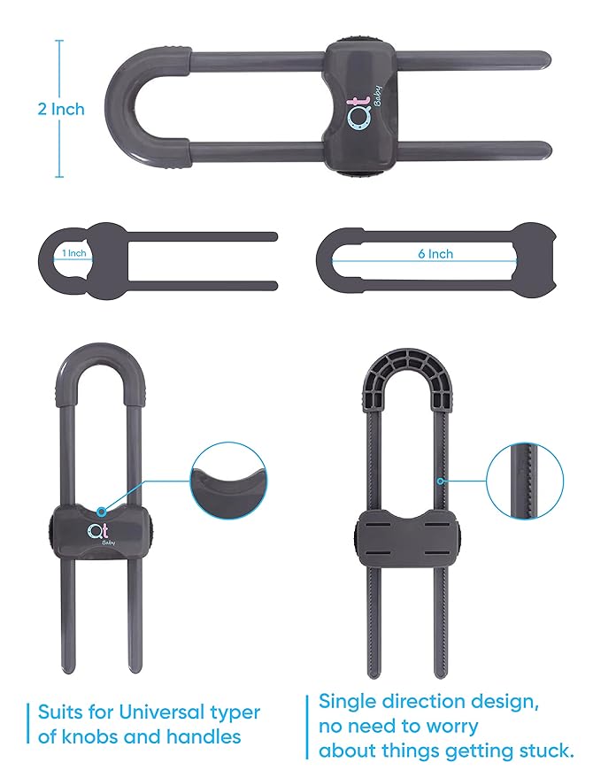 Baby Proofing Cabinet Locks Adjustable U Shaped Baby Safety Latches for Drawers, Fridge, Closet Modern Baby Proofing Cabinet Lock with Extra Secure Lock Buttons (Pack of 6, Thunder Grey)
