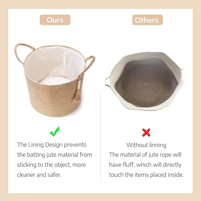 Mkono Woven Storage Basket Decorative Rope Basket Wooden Bead Decoration for Blankets,Toys,Clothes,Shoes,Plant Organizer Bin with Handles Living Room Home Decor, 15"Wx17.7"L,White and Yellow