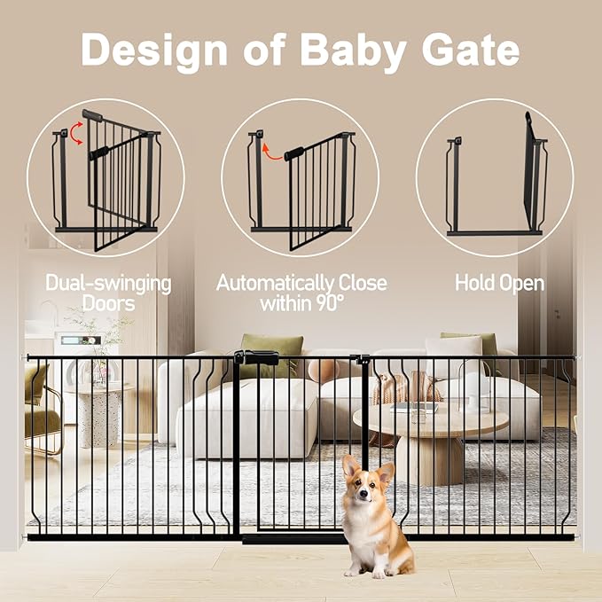 WAOWAO Baby Gate 100-109.42" Extra Wide Pressure Mounted Walk Through Swing Auto Close Safety Black Metal Toddler Kids Child Dog Pet Puppy for Stairs,Doorways,Kitchen