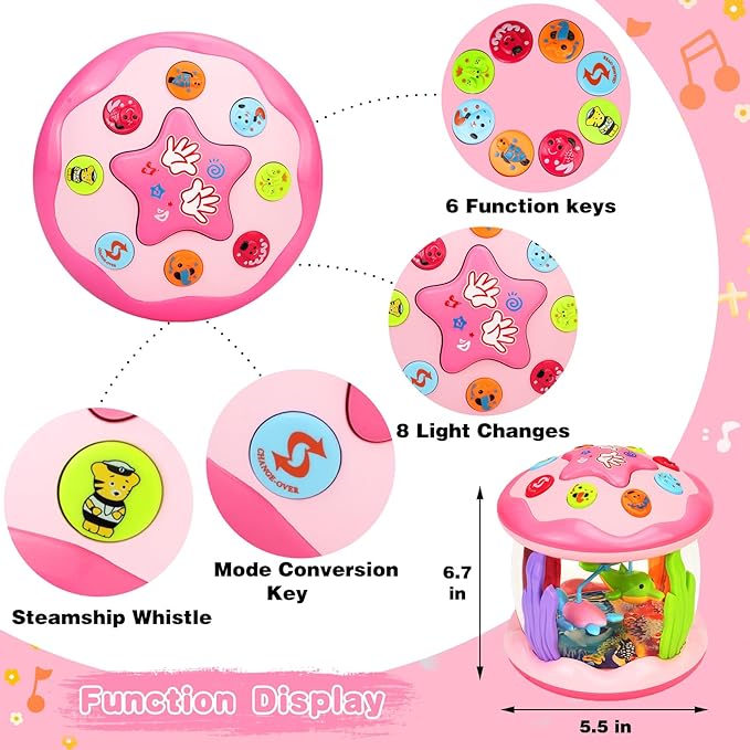 Baby Girl Toys 6-12 Months: Babies Ocean Rotating Light Up Musical Toys 12-18 Months Crawling Learning Infant Toy for Toddlers 1 2 3 Years Old Baby Girl (Pink)