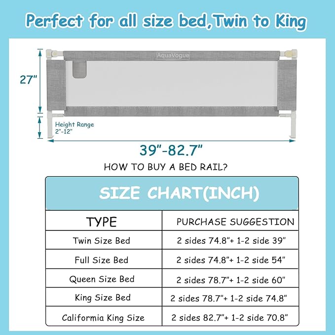 3-Pack Bed Rails for Toddlers with Headboard Rod - Height Adjustable Baby Bed Rail Guard Specially Designed for Twin Size (74.8 x 74.8 x 39 Inch)