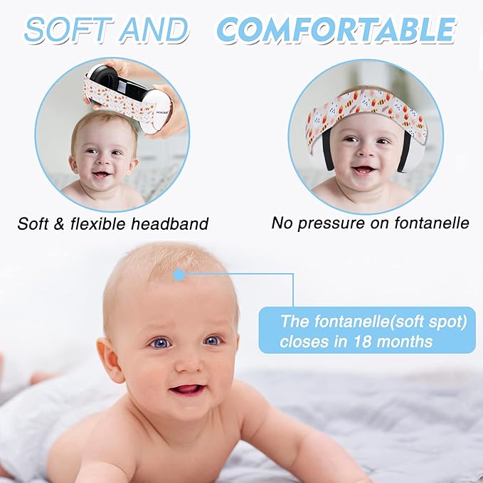 Infant Ear Protection Noise Cancelling Baby Ear Muffs, Toddler Hearing Protection with Adjustable Elastic Headband (Bear, White