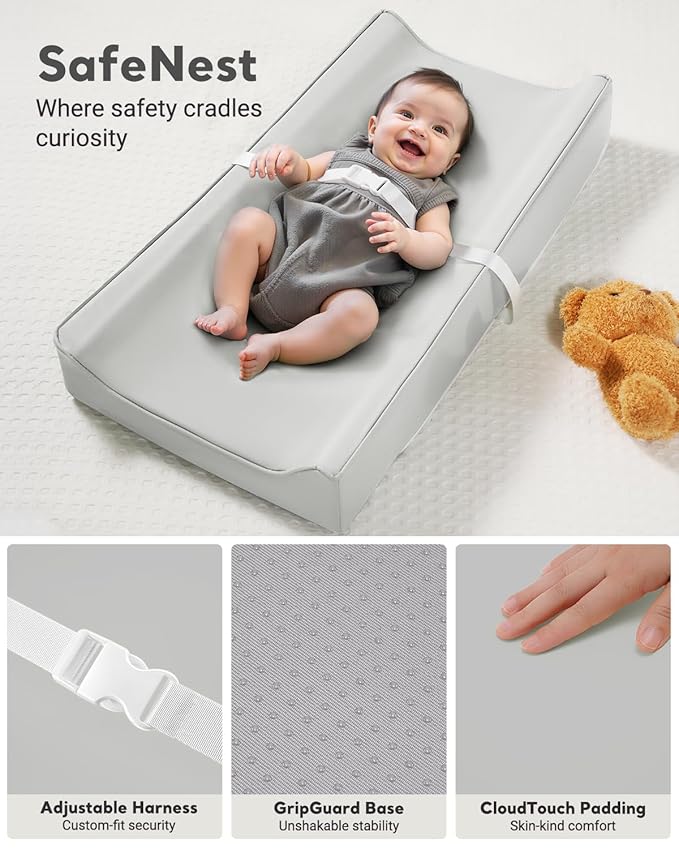Vegan Leather Waterproof Baby Changing Pad - Wipeable, Extra Thick & Portable & Non-Slip Diaper Mat for Dresser, Crib, Travel | Soft & Safe (Gray)