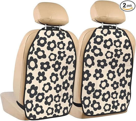 Vintage Groovy Flowers Car Kick Mats Back Seat Protector 2 Pack Auto Seat Back Covers with 3 Organizer Travel Accessories Universal Vehicle Interior from Dirt, Mud