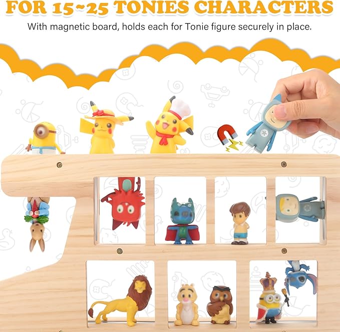 RZYLKA Car for Tonies Box Organizer Storage Shelf Wall Mounted, Pinewood Magnetic Floating Shelves for Toniebox, Tonies Characters, Display Collection 15~25 Characters