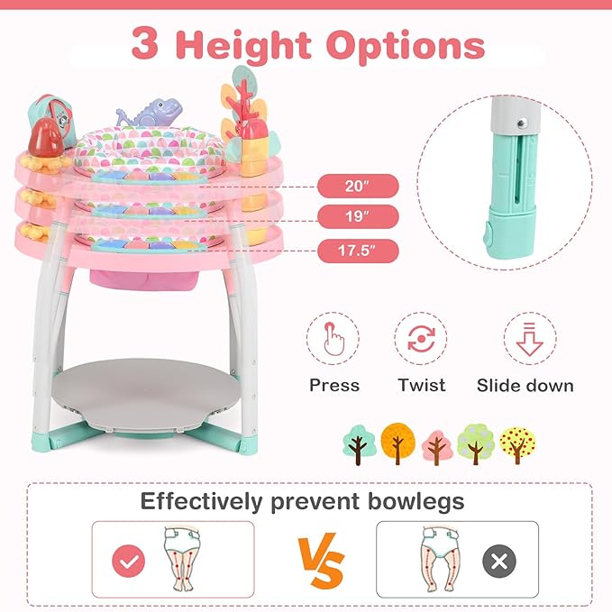 BABY JOY 5 in 1 Baby Activity Center, Baby Jumpers and Bouncers with Removable Toys, Lights & Music, 3 Adjustable Heights, Interactive Play Center for Toddlers Boys Girls 6-36 Months (Pink)