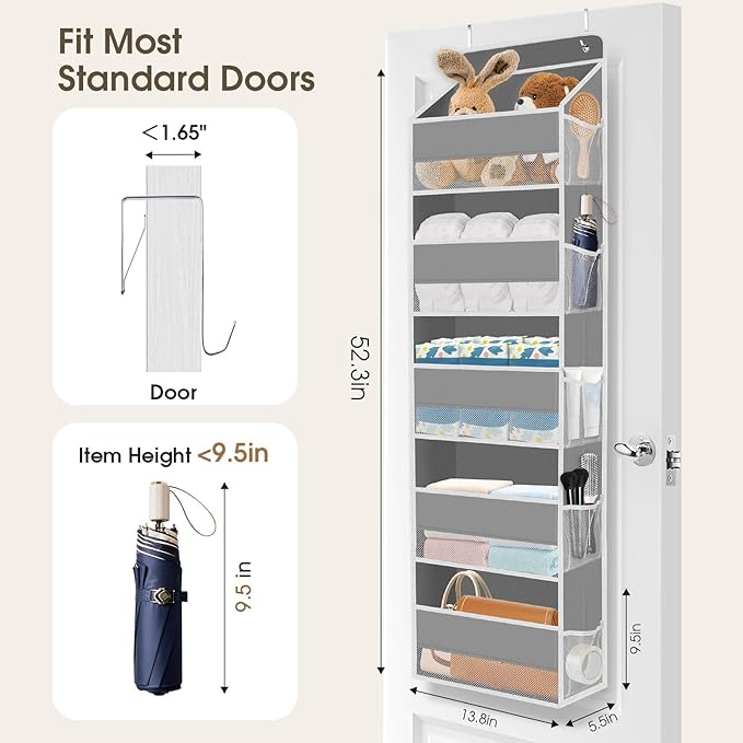 2 Pack Over The Door Organizer, Hanging Storage Organizer with Clear Window, 40lb Ultra Sturdy Large Capacity Room Organizer for Pantry Laundry Bathroom Nursery Closet (Grey)