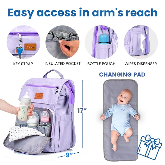 PILLANI Baby Diaper Bag Backpack - Large Bag for Boys & Girls, Waterproof Diaper Backpack - Travel Diaper Bags w/Changing Pad, Baby Registry Search & Shower Gifts - Essentials Must Haves Newborn Stuff
