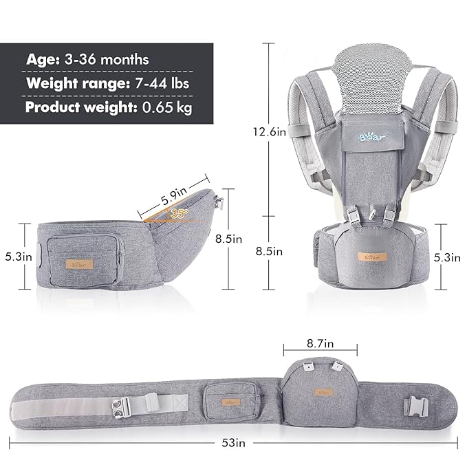 Bear Baby Carrier, 6-in-1 Baby Carrier Newborn to Toddler with Hip Seat (Ergonomic M Position) for 3-36 Month/ 7-44lbs Baby, Adjustable Size for Enhanced Lumbar Support, Perfect for On-The-go