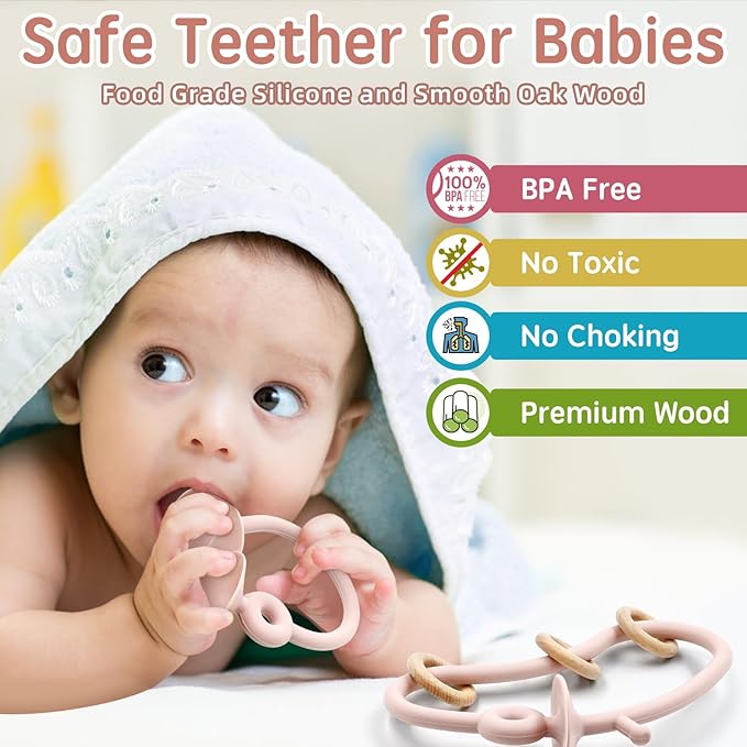 Baby Sensory Teething Chew High Chair Suction Toys for Infant Toddlers 6 12 18 24 Months Gifts, Food Grade Silicone Teether with Oak Loop Montessori Educational Baby Bath Toy (Pink)