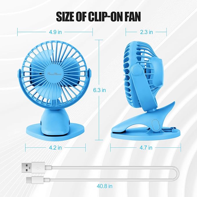 Portable Clip Fan Battery Operated,3 Speeds USB Rechargeable Mini Table Fan with Strong Airflow,360°Rotation Ultra Quiet Personal Desk Fan for Home Office Bedroom Dorm Stroller Camping - Blue