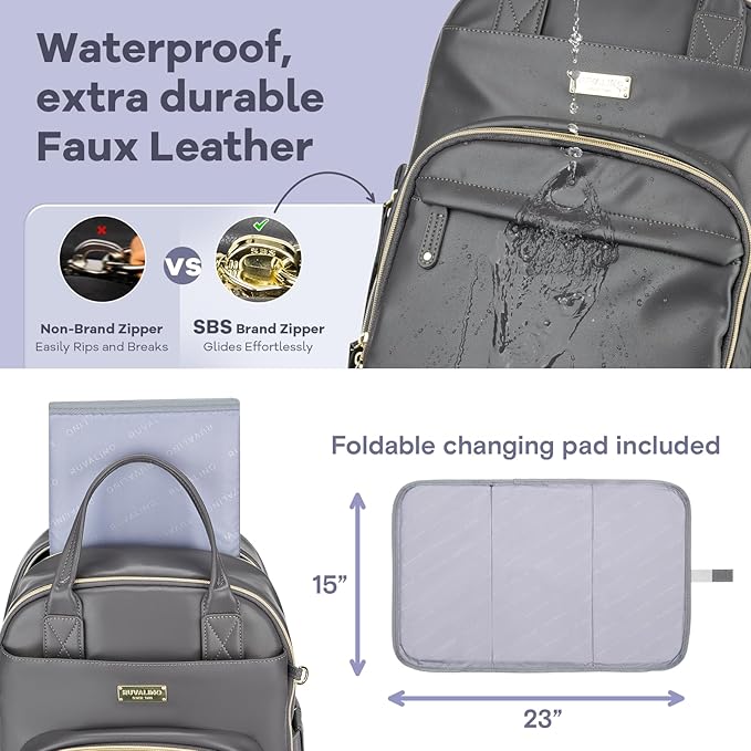 RUVALINO Diaper Bag Backpack, Multifunction Travel Baby Diaper Bag with Changing Pad, Insulated Bottle Holders & Pacifier Case, Large Capacity,Waterproof, Iron Gray
