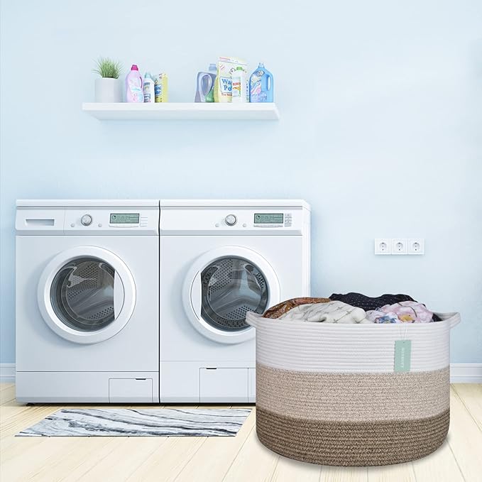 Extra Large Blanket Basket 87L, Laundry Hamper, Baby Nursery Hamper for Storage Toys Clothes Towels, Large Cotton Rope Laundry Basket for Girls Boys, 22”x 14”, White & Gradient Brown