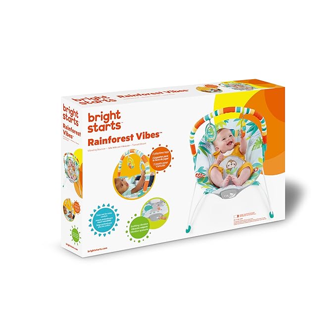 Bright Starts Baby Bouncer Soothing Vibrations Infant Seat - Removable -Toy Bar, Nonslip Feet, 0-6 Months Up to 20 lbs (Rainforest Vibes)