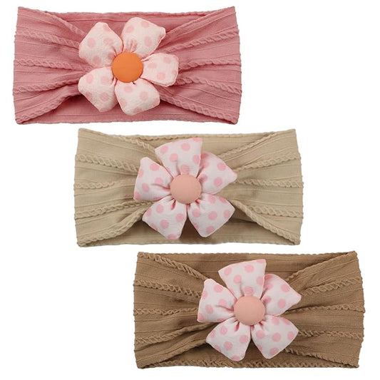 3 Pcs Baby Flower Headbands Baby Girls Nylon Headband Soft Hairbands Hair Accessories for Newborn Infant Toddler Kids (Khaki Brown Pink)