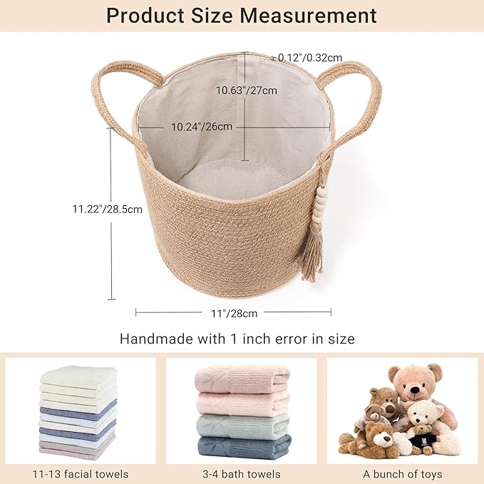 Mkono Tall Laundry Basket Woven Decorative Rope Storage Basket Wooden Bead Decoration for Blankets Toys Clothes Shoes Organizer Bin with Handles Living Room Home Decor, 15" W x 17.7" L, White