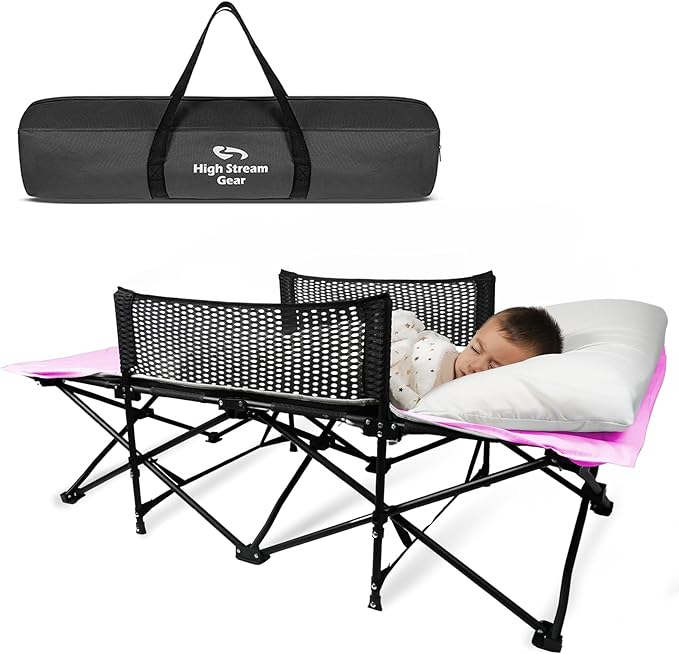 Toddler Cot Bed: Kids Travel Camping and Portable Folding Cot, Great for Outdoors and Young Guests at Home. Comfortable Sleeping Bed Easy to Store and Use (Pink)