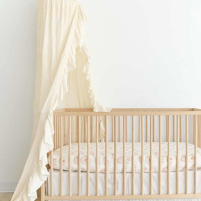 Crane Beige Ruffled Baby Crib Canopy - 118" Tall, Boho Style for Girls & Boys Rooms, Nursery & Playroom Decor