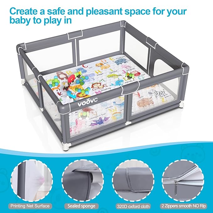 Premium Baby Playpen with Mat, 71x60 Inches Extra Large Play Pen for Babies and Toddlers, Indoor & Outdoor Activity Center, Safety Baby Playpen with Gate Prints (Enamel Gray)