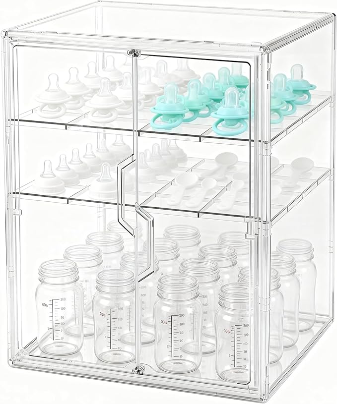 Baby Bottle Organizer, 3-Tier Bottle Storage for Countertop with Double Magnetic Doors, Clear Plastic Bottle Station Organizer with 2 Adjustable Dividers for Kitchen, Bathroom, Cabinet, Vanity