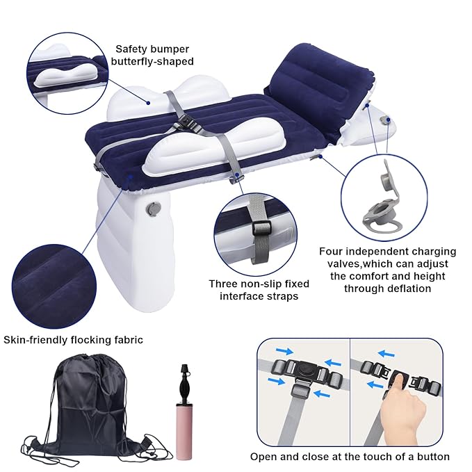 Inflatable-Toddler-Travel-Bed for Airplane Car Seat Portable Foldable Infant Travel Bed Baby Travel Crib with Sides,Hand Pump Safety Belt and Carry Bag Sets