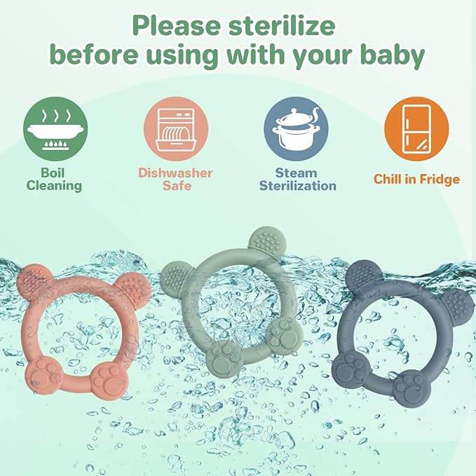 3 Pack Baby Teether, Bear-Shaped Silicone Teething Toys for Infants 0-24 Months, BPA-Free Chew Toys to Soothe Sore Gums (Pale Pink & Green & Blue)