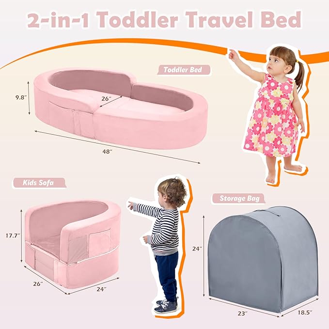 QUCHI Toddler Travel Bed - Portable & Foldable 2-in-1 Travel Cot, Soft Foam with Washable Cover, Convertible Sofa for Toddlers & Kids, Indoor & Outdoor Use