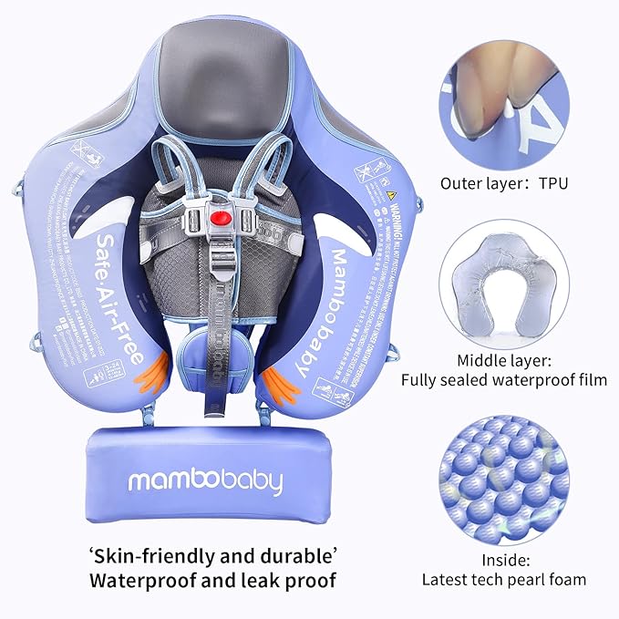 Mambobaby Float with Canopy and Tail New Upgraded Non-Inflatable Baby Pool Float Mambo Float Swim Trainer Solid Infant Swim Float Adjustable Pearl Foam Baby Swim Ring