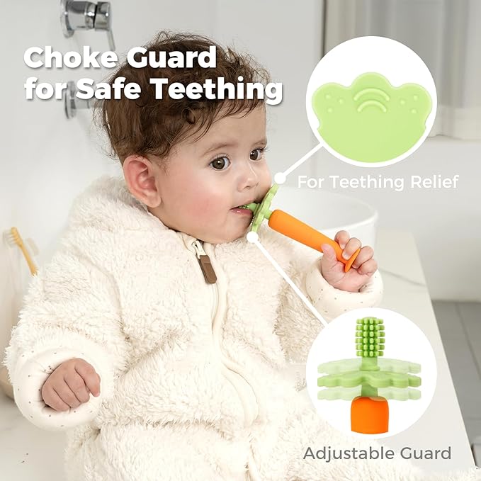 Papablic Baby Toothbrush Teether, Teething Toys 6-12 Months, 360° Carrot Teether Baby Stuffers, Infant Toothbrush with Suction Base