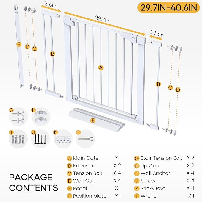 Cumbor 29.7-40.6" Baby Gate for Stairs, Mom's Choice Awards Winner-Dog Gate for Doorways, Pressure Mounted Auto-Close Pet Gates for Dogs Indoor, Safety Child Gate with Easy Walk Thru Door, White