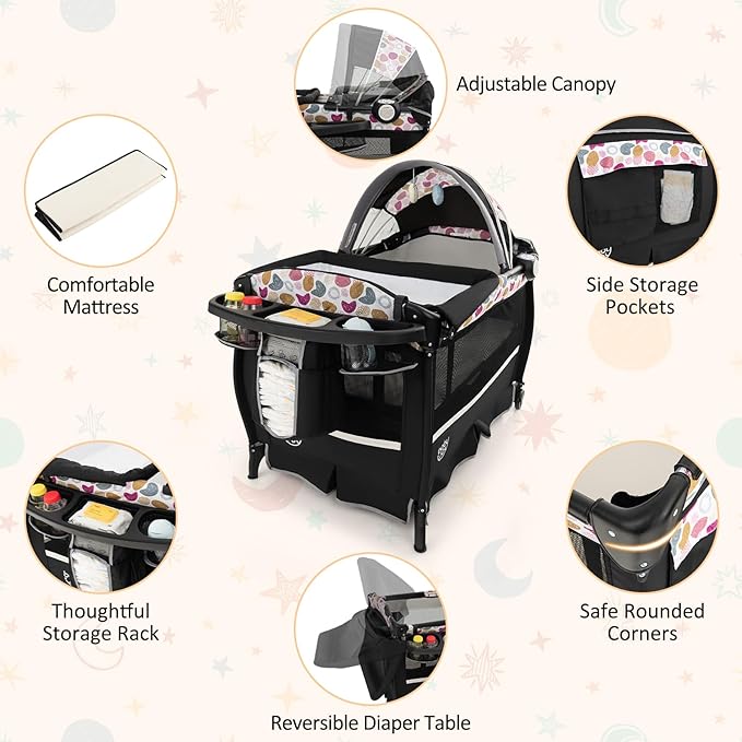 BABY JOY 4 in 1 Pack and Play, Portable Baby Playard with Bassinet & Flip-Away Changing Table, Canopy, Infant Bassinet with Storage Basket, Oxford Bag from Newborn to Toddlers (Circle)