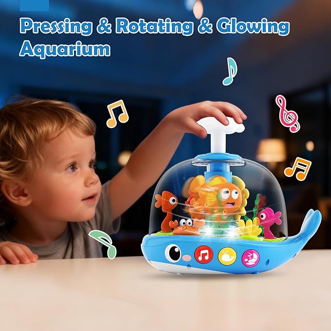DUPHLAGT Baby Toys 6-12 Months - Toys for 1 Year Old Boy Girl Birthday Gift Press & Spin Aquarium Musical Light Up Infant Toys 12-18 Months - Bilingual Learning Toy for 1 2 Year Old (Blue)
