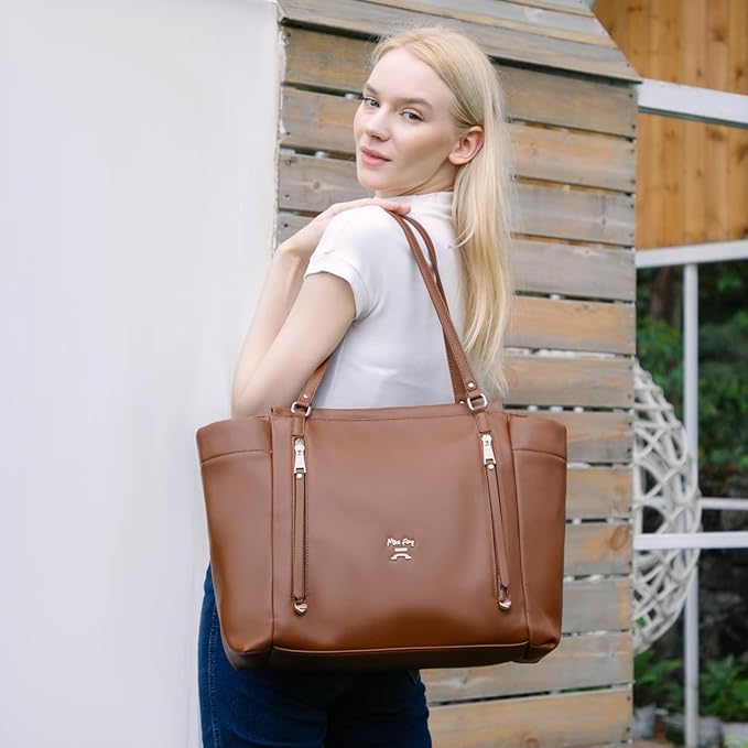 miss fong Diaper Bag Tote Leather Diaper Bag Backpack, Large Capacity Mommy Bag Hospital Bag, 12 Pockets Travel Diaper Tote with Changing Pad，Stroller Straps & Insulated Pockets for Mom & Dad-Brown