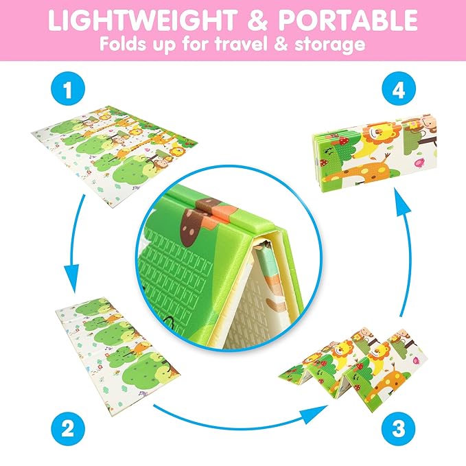 Bammax X-Large Waterproof Foam Padded Baby Play Mat | 1 cm thick Safe Foam Reversible & Foldable | 70" x 78" | Use as Baby Crawling Mat or Kids Play Mat for Floor - Giraffe & Mixed Animals