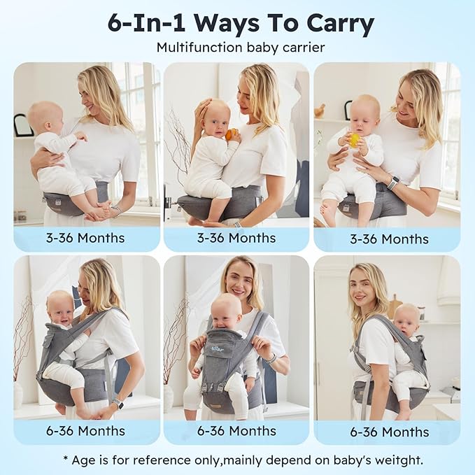 Bear Baby Carrier, 6-in-1 Baby Carrier Newborn to Toddler with Hip Seat (Ergonomic M Position) for 3-36 Month/ 7-44lbs Baby, Adjustable Size for Enhanced Lumbar Support, Perfect for On-The-go