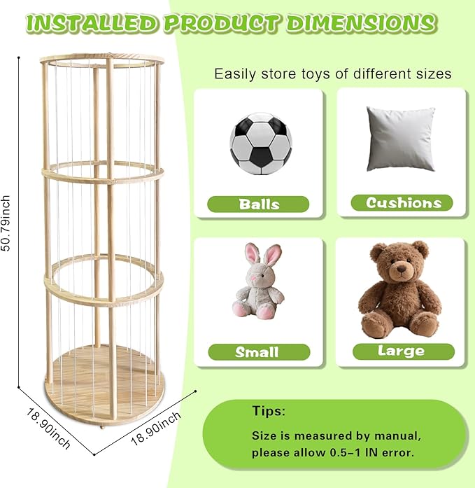Rotatable Wooden Stuffed Animal Storage with Turntable and Elastic Band, Extra Large Capacity Plush Toy Cage, Wooden Cute Zoo Toy Holder for Toddler Rooms, Playrooms & Bedrooms