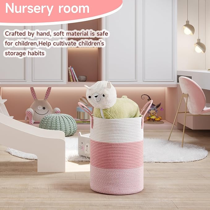 CLHMILY&Z 40L Laundry Basket Round Storage Rope Basket - 13x18 Inches - Pink Hamper in Bedreoom and Cute Storage Bin for Blankets, Toys, and Nursery Essentials