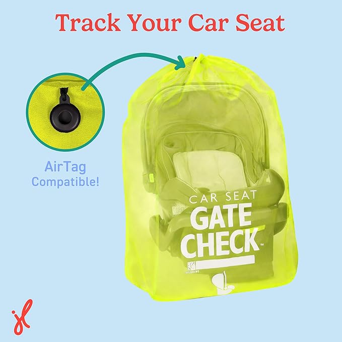 J.L. Childress Gate Check Travel Bag for Car Seats - Car Seat Travel Bag for Airplane, Includes AIRTAG Holder, Fits All Baby Car Infant Carriers & Child Booster Seats - Neon Yellow