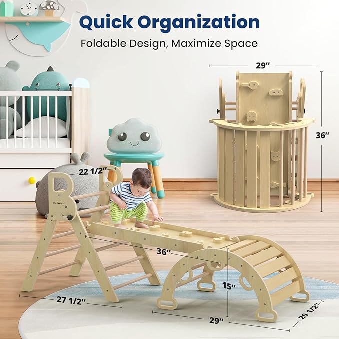 BlueWood Pikler Triangle Set 7-in-1 Foldable Baby Climbing Wooden Toys with Arch&Ramp&Ladder Climber Indoor Jungle Gyms for Toddlers - Natural Wood
