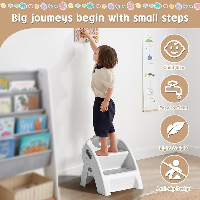 TPN Toddler Step Stool for Bathroom Sink and Potty Training Durable Anti-Slip,Anti-Tip A-Frame,10-Second Assembly, 2-Step Potty Stool with Wide Steps (Gray)